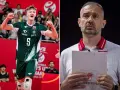 Młody siatkarz z numerem 5 cieszy się ze zwycięstwa, obok trener polskich siatkarzy z notatkami.