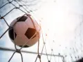 Piłka nożna, zrobiona ze skóry lub tworzywa sztucznego, w siatce bramki.