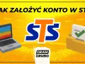 Jak założyć konto w STS? Grafika przedstawia laptop i urnę z zaznaczonym potwierdzeniem, sugerując łatwą rejestrację bez dowodu.