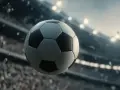 Piłka nożna w locie nad trybunami stadionu. Idealny rozmiar piłki nożnej dla 8 latka to rozmiar 4.