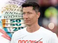 Robert Lewandowski na tle stosu banknotów euro.
