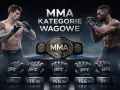 Dwóch zawodników MMA w pozycji bojowej, pas mistrzowski UFC i rękawice z wagami kategorii: waga musza UFC i inne.