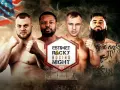 Czterech bokserów gotowych do walki na "Estimet Rocky Boxing Night". W tle amerykańska flaga i dym.