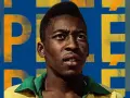 Portret młodego Pelé na tle wielkich, żółtych liter. Ile złotych piłek ma Pelé? Tyle, ile zdobył tytułów mistrza świata!