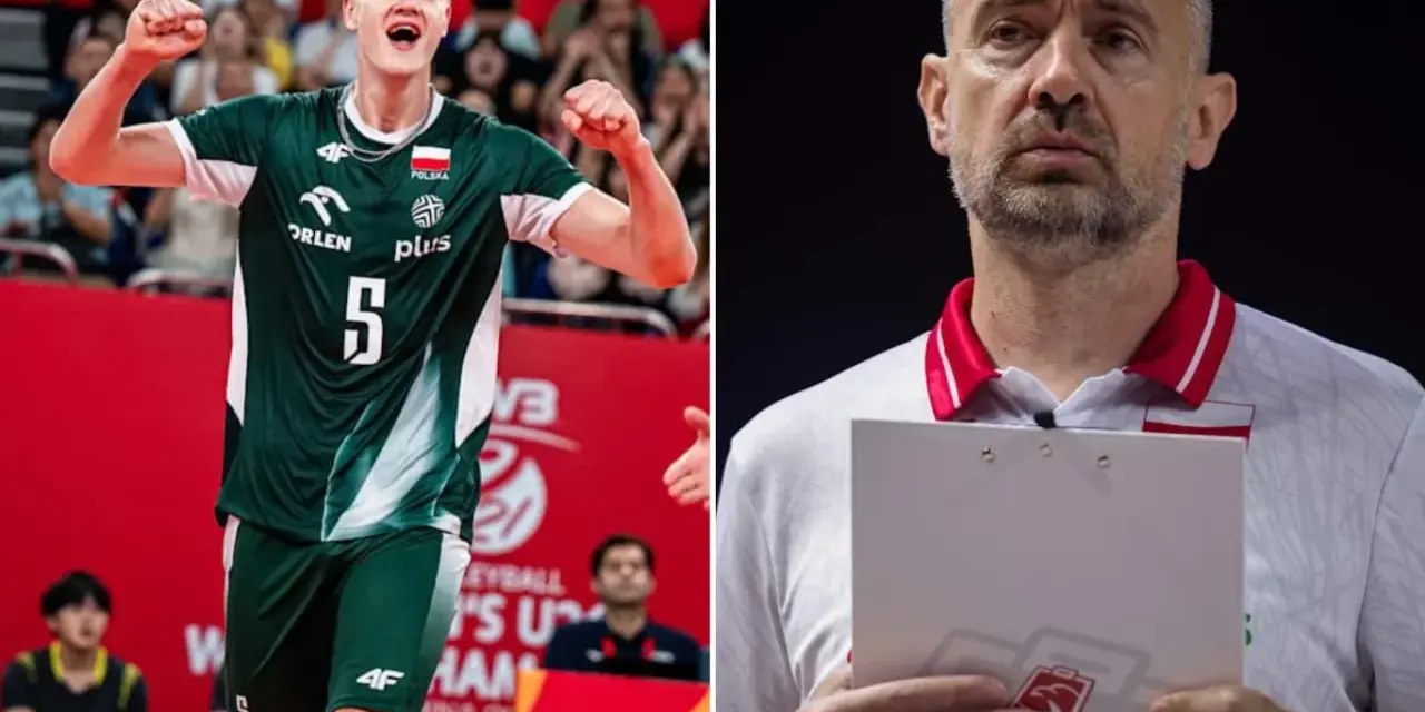 Młody siatkarz z numerem 5 cieszy się ze zwycięstwa, obok trener polskich siatkarzy z notatkami.