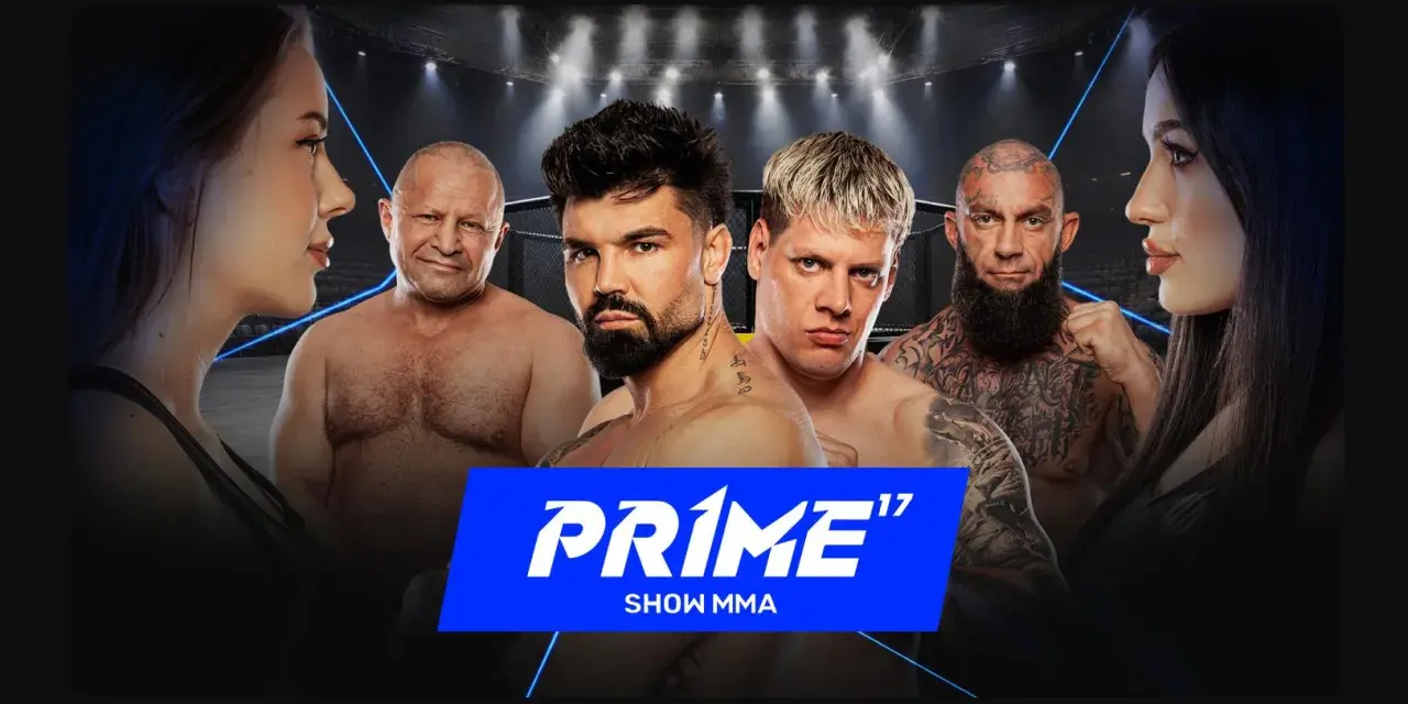 Gala PRIME Show MMA: czterech zawodników MMA i dwie kobiety na tle klatki.