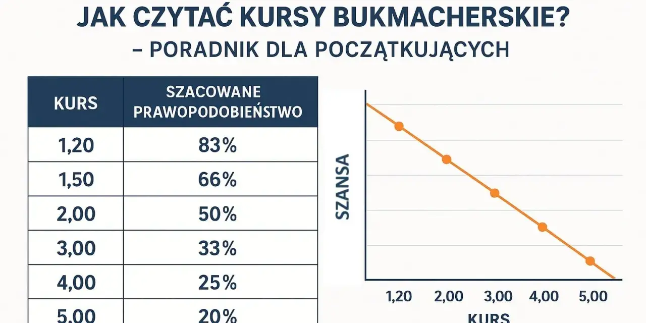 Tabela i wykres wyjaśniają, co to jest bukmacher i jak czytać kursy bukmacherskie. Pokazują zależność między kursem a szacowanym prawdopodobieństwem.