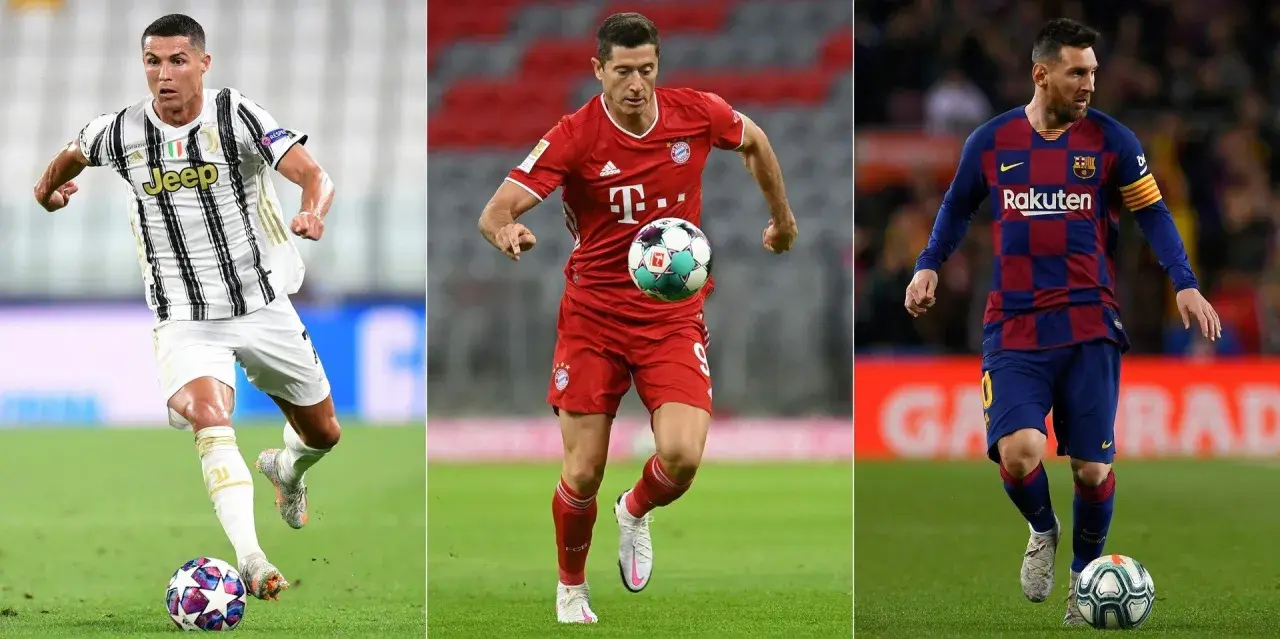 Trzej kandydaci do tytułu piłkarz roku FIFA: Cristiano Ronaldo, Robert Lewandowski i Leo Messi w akcji na boisku.