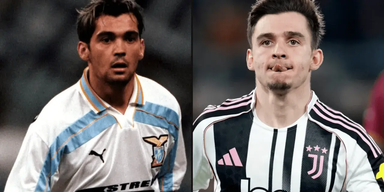 Dwóch piłkarzy: młody Sérgio Conceição w koszulce Lazio i Vlahović w stroju Juventusu.