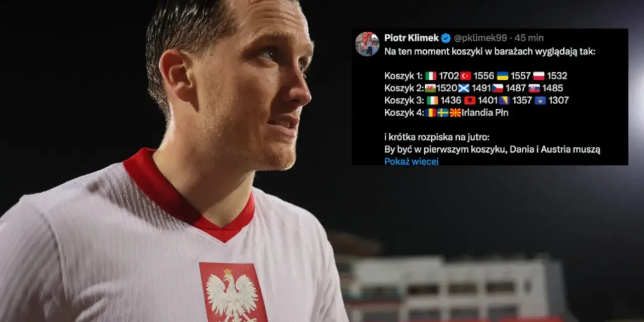 Piłkarz w koszulce z orłem na piersi, obok wpis o koszykach w barażach, kiedy mecze reprezentacji Polski w piłce nożnej.