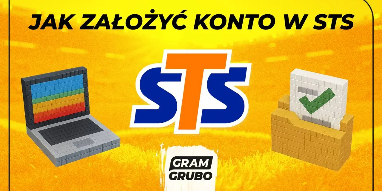 Jak założyć konto w STS? Grafika przedstawia laptop i urnę z zaznaczonym potwierdzeniem, sugerując łatwą rejestrację bez dowodu.