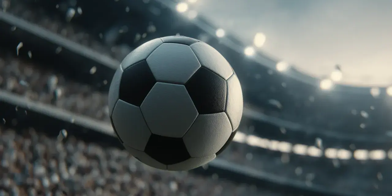 Piłka nożna w locie nad trybunami stadionu. Idealny rozmiar piłki nożnej dla 8 latka to rozmiar 4.