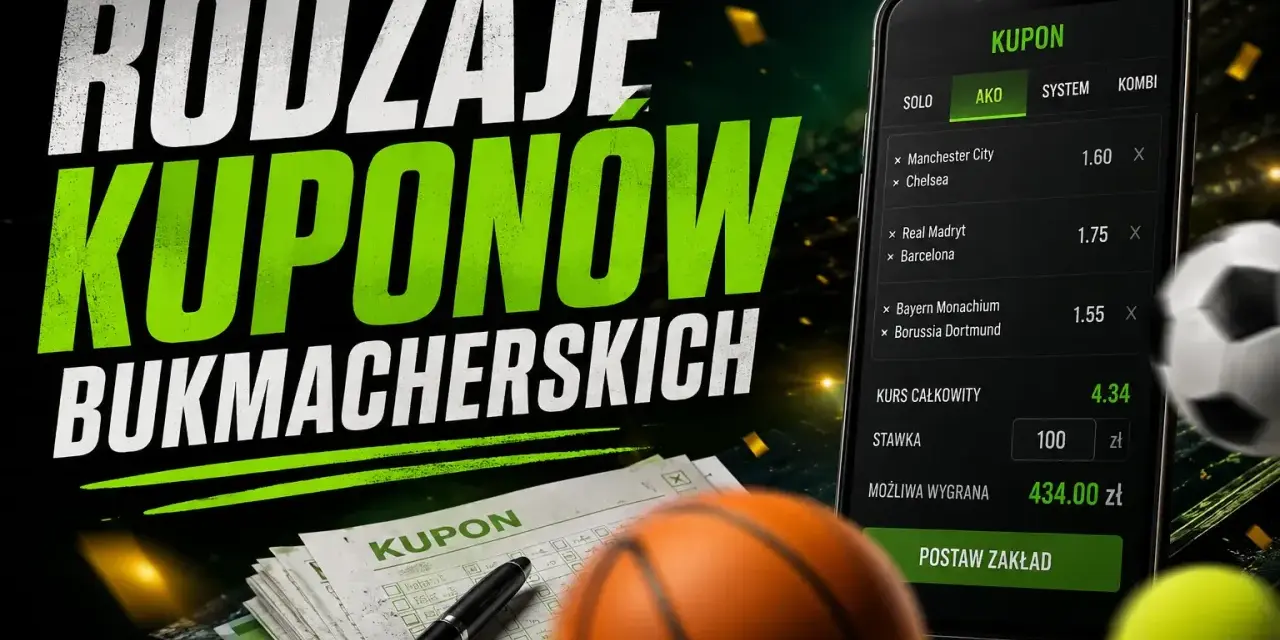 Na ekranie telefonu widać kupon bukmacherski z zakładami typu **ako**. Obok piłka nożna, koszykówka i tenis.
