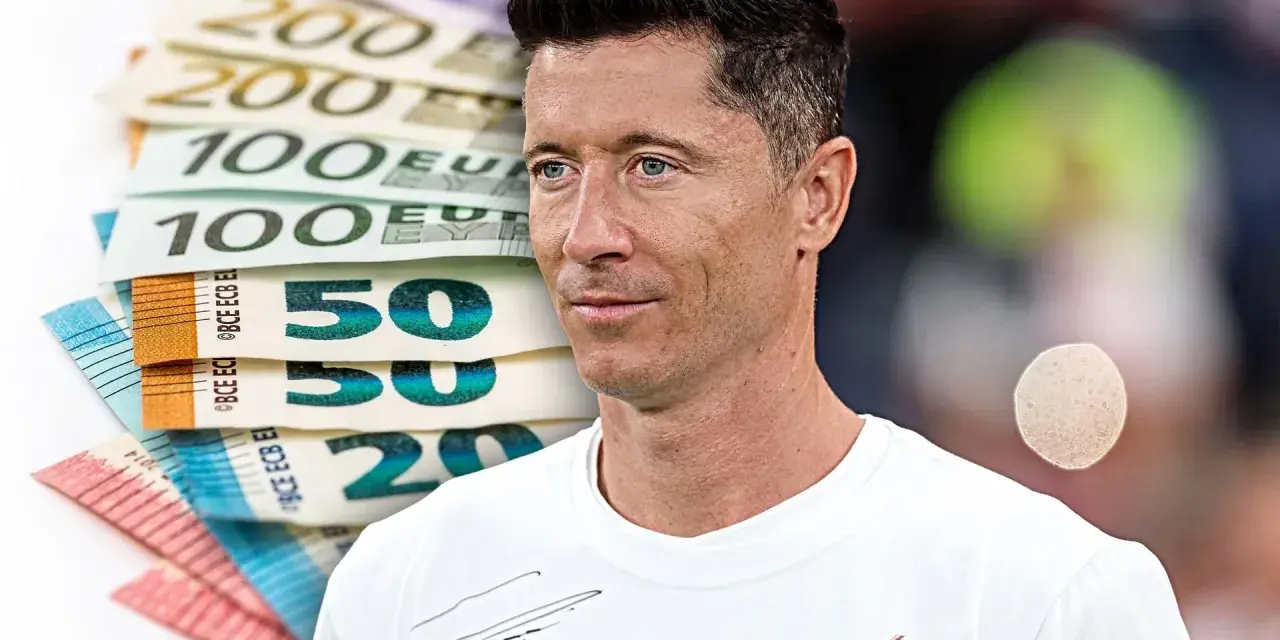 Robert Lewandowski na tle stosu banknotów euro.