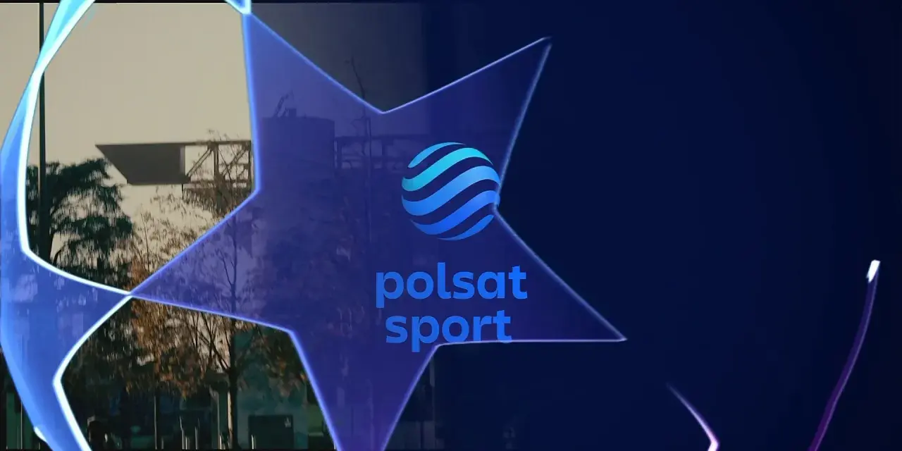 Gwiazda z logo Polsat Sport, zapowiadająca transmisje sportowe, być może z Ligi Mistrzów, którą można oglądać na kanałach Polsat Sport.