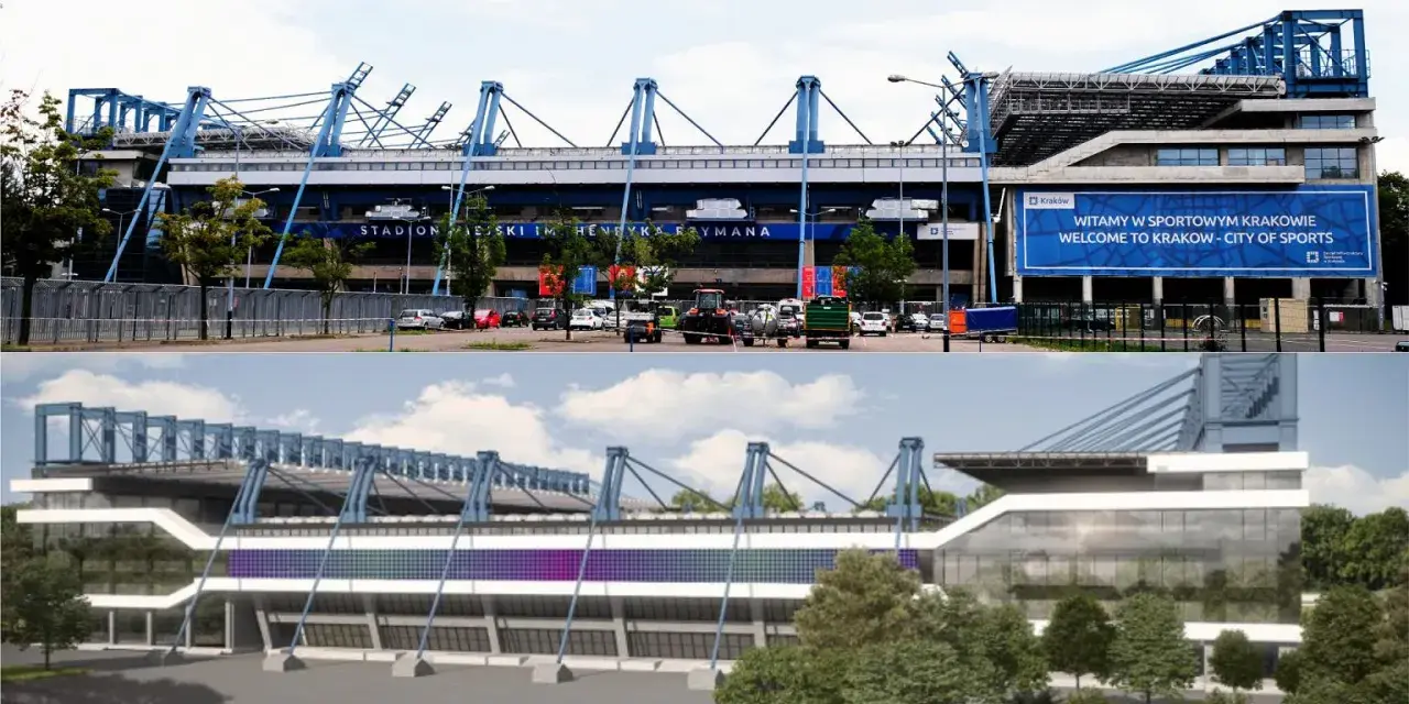 Stary stadion Wisły Kraków, obecnie nowoczesny obiekt sportowy. Górne zdjęcie pokazuje obecny wygląd, dolne wizualizację.