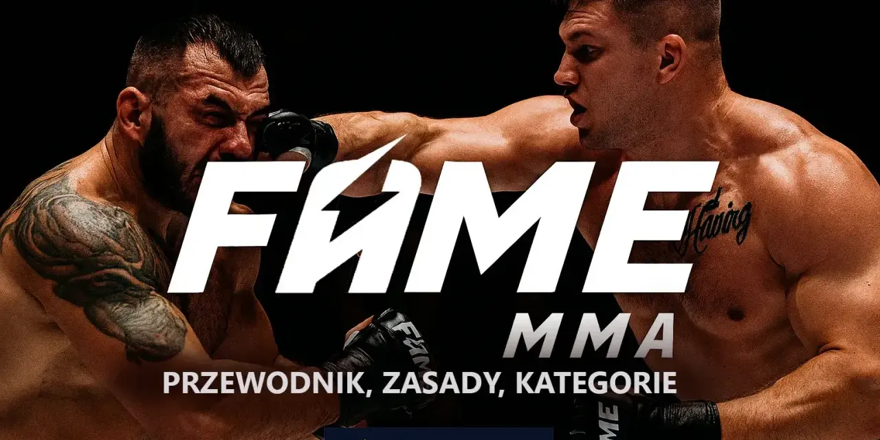 Dwóch zawodników w akcji podczas walki FAME MMA. Na pierwszym planie logo FAME MMA i tekst "Przewodnik, zasady, kategorie".
