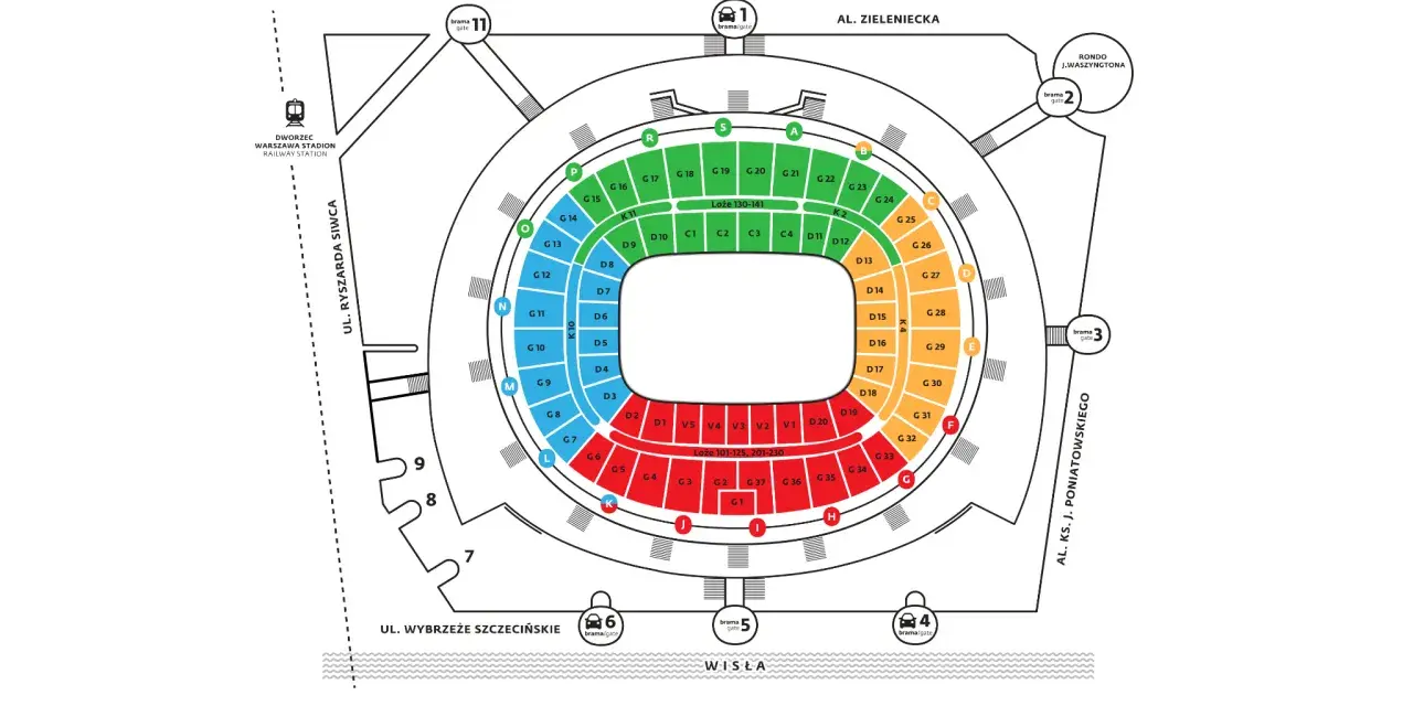 Najgorsze miejsca na Stadionie Narodowym? Te czerwone sektory G1-G7 i G33-G37, blisko murawy, mogą być gorące, ale też zasłonięte.