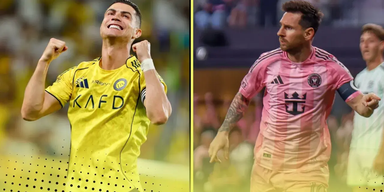 Ronaldo w żółtej koszulce świętuje, obok Messi w różowej. Kto ma więcej goli?