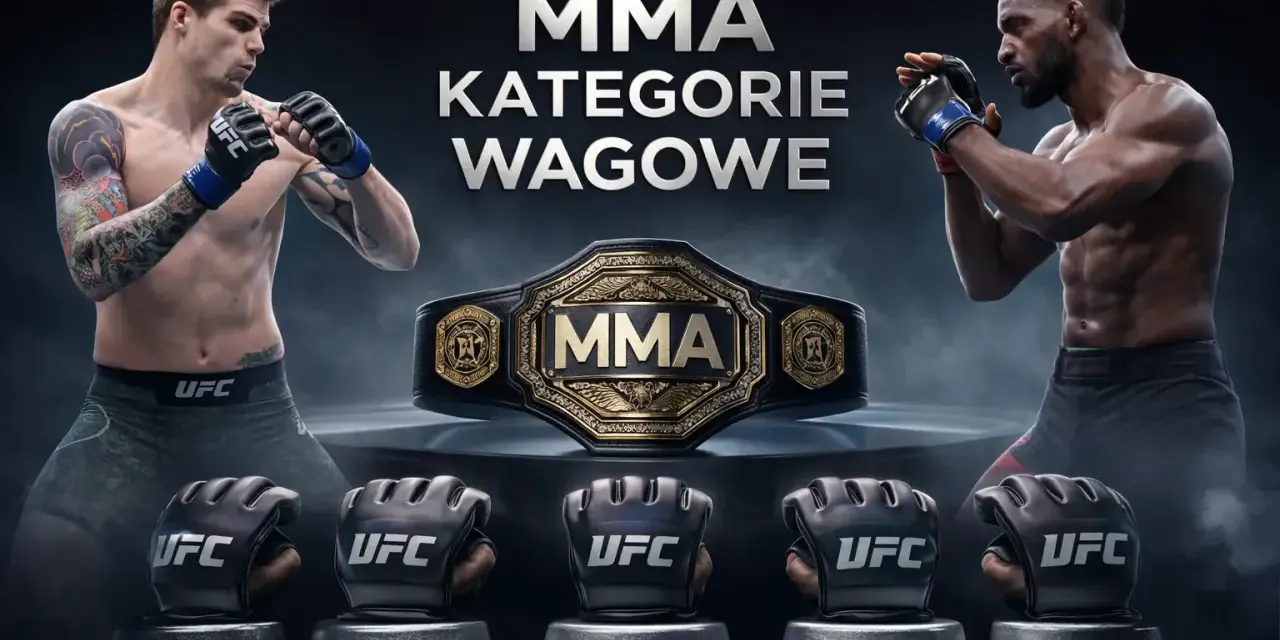 Dwóch zawodników MMA w pozycji bojowej, pas mistrzowski UFC i rękawice z wagami kategorii: waga musza UFC i inne.