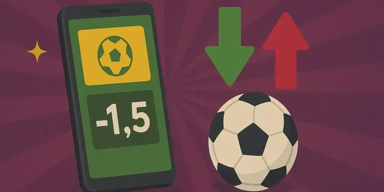 Telefon z aplikacją do zakładów sportowych, piłka, strzałki w górę i w dół. Widać handicap -1,5.