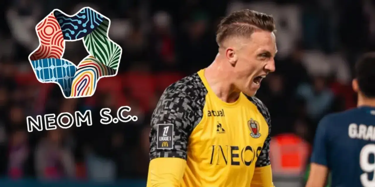 Marcin Bułka w barwach OGC Nice, z logo NEOM S.C. na koszulce. Jego zarobki w klubie budzą zainteresowanie.