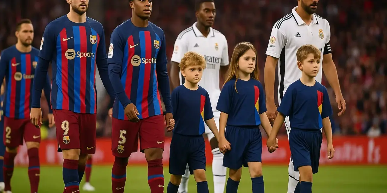 Dzieci wyprowadzają piłkarzy na boisko. Mali kibice towarzyszą zawodnikom FC Barcelony i Realu Madryt, tworząc wyjątkową atmosferę przed meczem.