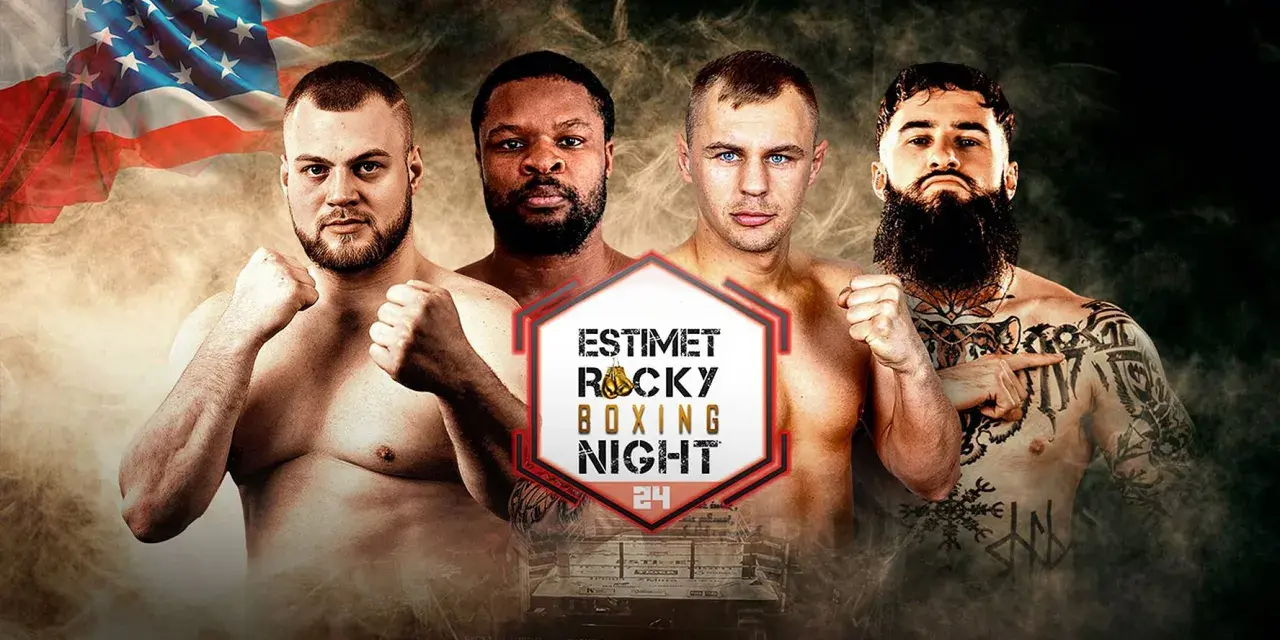 Czterech bokserów gotowych do walki na "Estimet Rocky Boxing Night". W tle amerykańska flaga i dym.