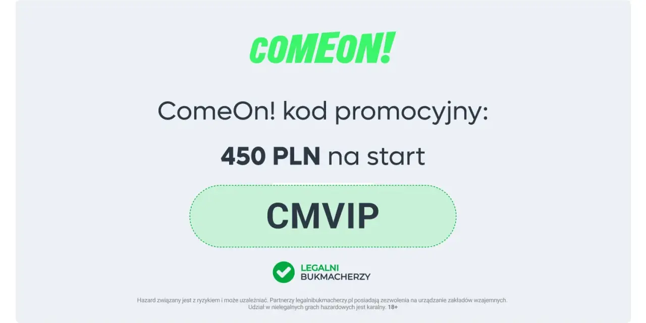 ComeOn! kod bonusowy: 450 PLN na start z kodem CMVIP. Zdobądź bonus i zacznij grę!