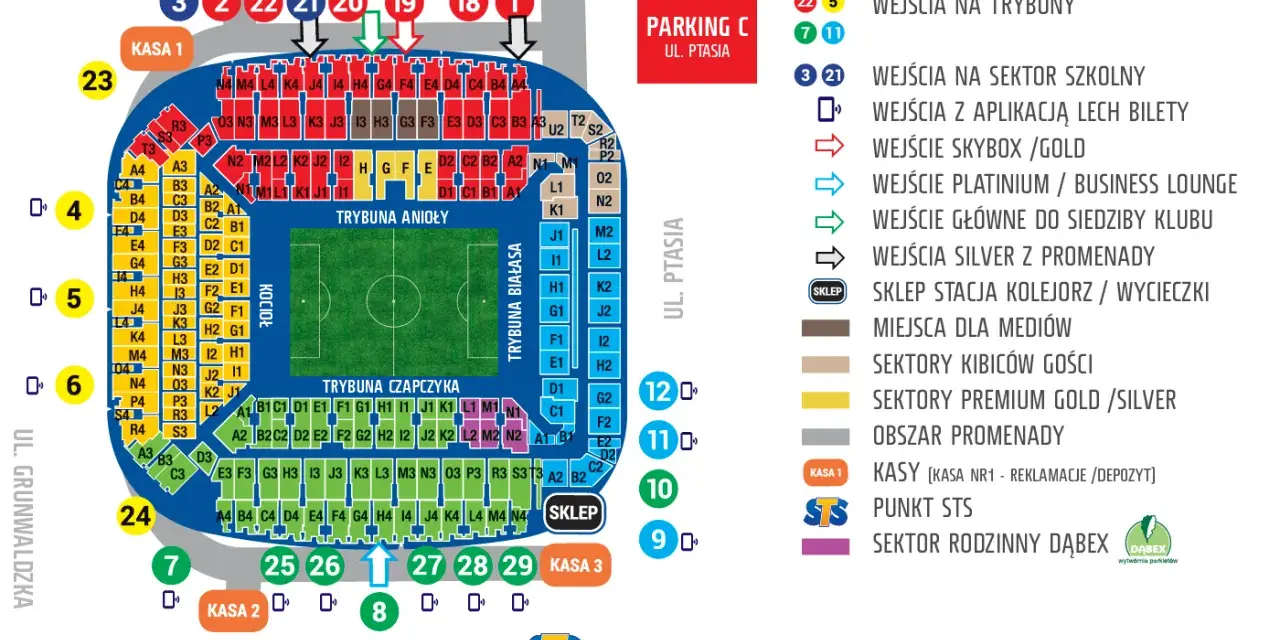 Schemat stadionu Lecha Poznań z lokalizacją kas i wejść. Sprawdź cennik biletów i planuj wizytę!