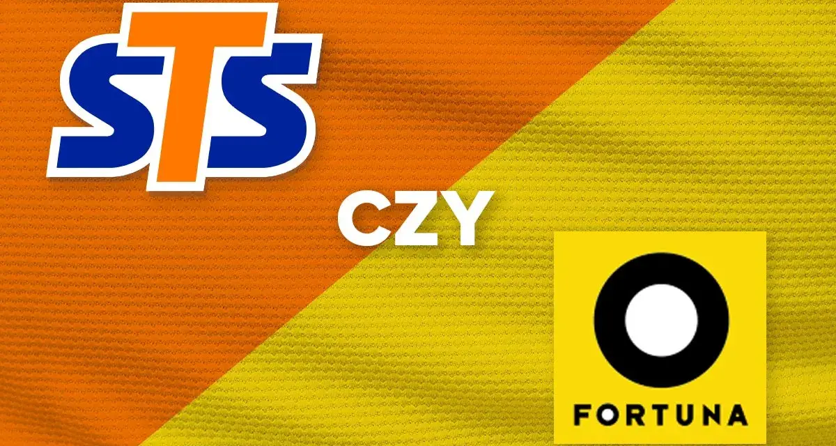 STS czy Fortuna? Dwa loga, pomarańczowo-żółte tło.