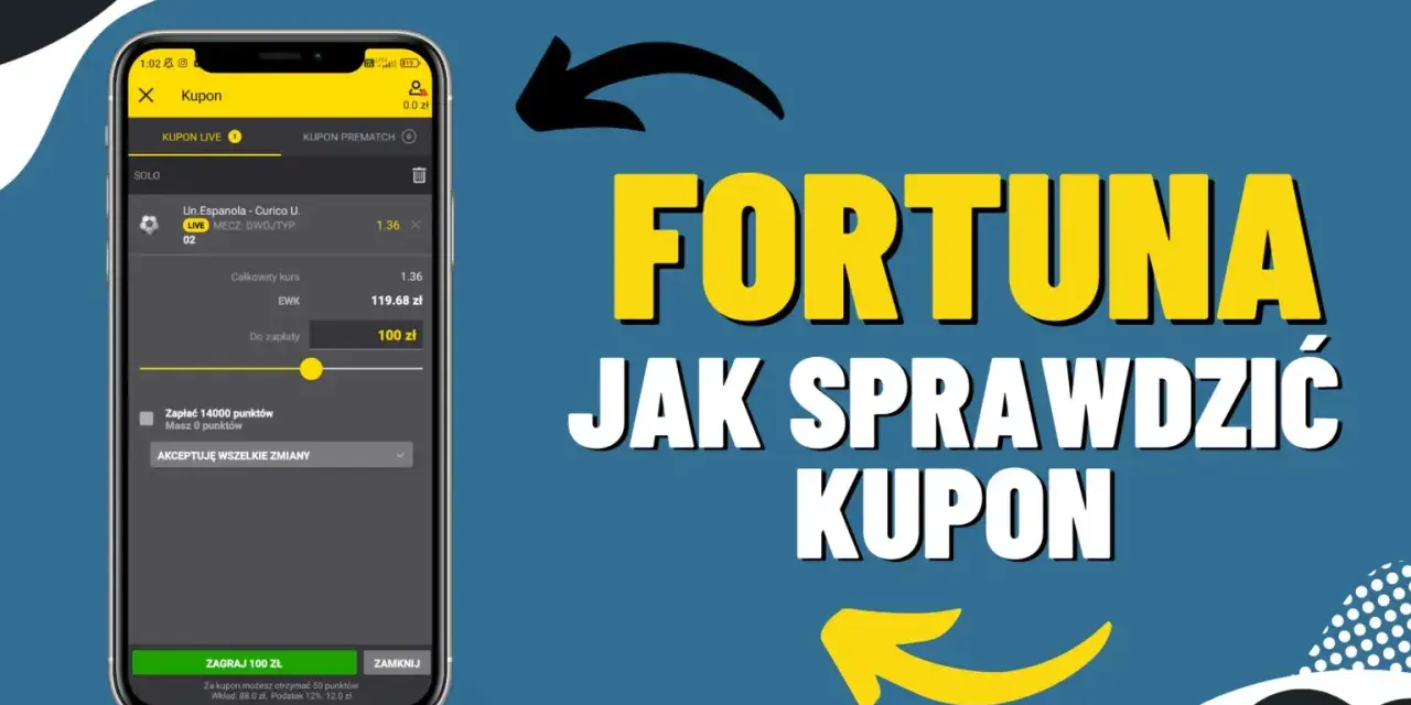 Aplikacja mobilna Fortuna pokazuje, jak sprawdzić kupon. Widoczny jest kupon z kursem 1.36 i kwotą do zapłaty 100 zł.
