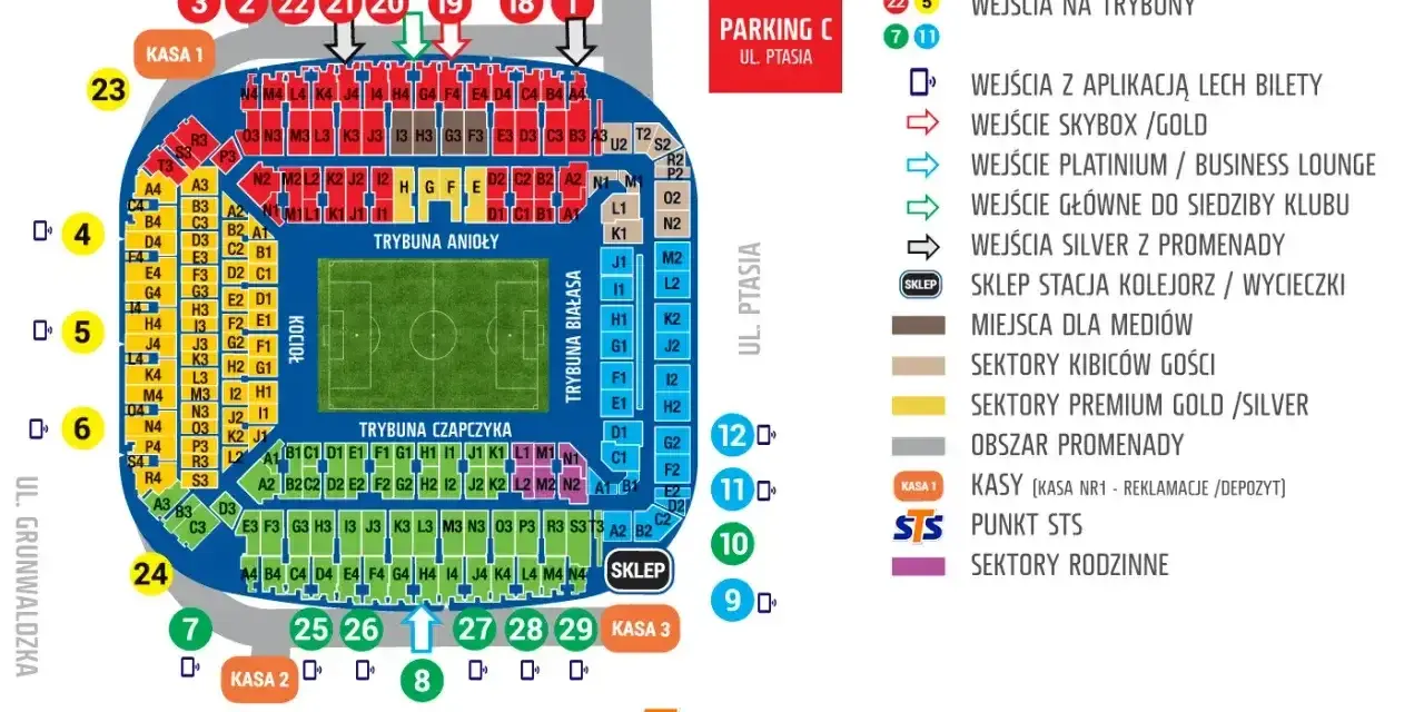 Schemat stadionu Legii Warszawa. Znajdź ceny biletów na mecz, lokalizację kas i wejść.