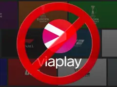 Zakazany znak przekreśla logo Viaplay. W tle widać kafelki z logotypami sportowymi, m.in. Formula 1 i Europa League, sugerujące ofertę Viaplay Sport.