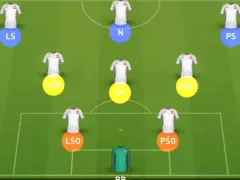 Wirtualna formacja piłkarska 4-3-3 z zaznaczonymi pozycjami zawodników.