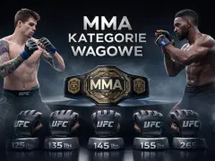 Dwóch zawodników MMA w pozycji bojowej, pas mistrzowski UFC i rękawice z wagami kategorii: waga musza UFC i inne.