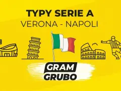 Typy Serie A: Verona - Napoli. Na żółtym tle grafiki symbolizujące Włochy i piłkę nożną.