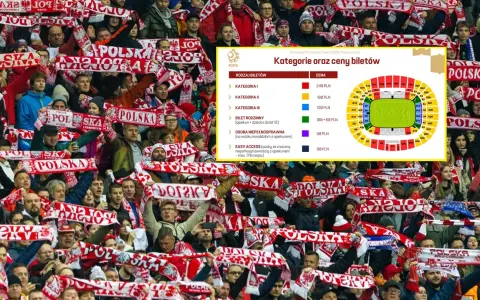 Tłum kibiców z szalikami "Polska". Obok tabela: ile kosztuje bilet na mecz siatkówki reprezentacji Polski? Ceny od 90 do 240 PLN.