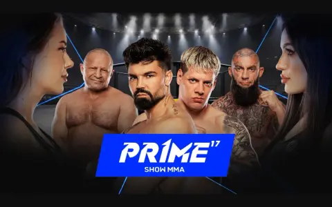 Gala PRIME Show MMA: czterech zawodników MMA i dwie kobiety na tle klatki.