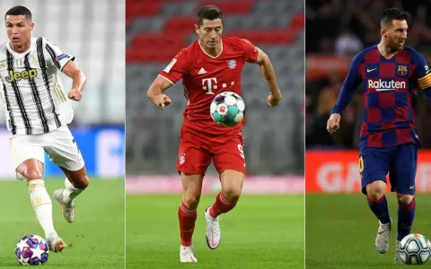 Trzej kandydaci do tytułu piłkarz roku FIFA: Cristiano Ronaldo, Robert Lewandowski i Leo Messi w akcji na boisku.