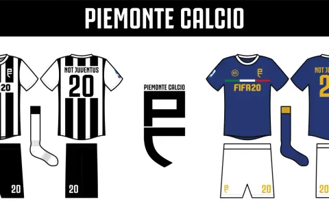 Stroje piłkarskie Piemonte Calcio: czarno-białe w paski i granatowe. Numery 20 i logo FIFA20.