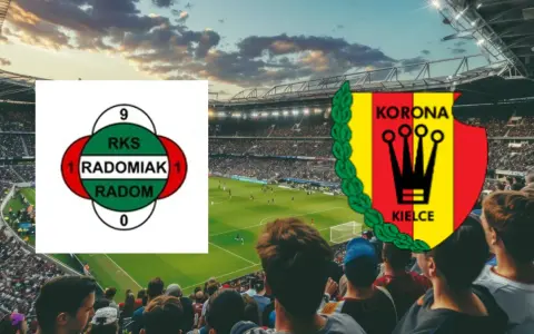 Emblematy Radomiaka Radom i Korony Kielce na tle stadionu. Wynik meczu 1:1.