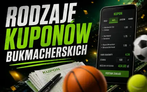 Na ekranie telefonu widać kupon bukmacherski z zakładami typu **ako**. Obok piłka nożna, koszykówka i tenis.