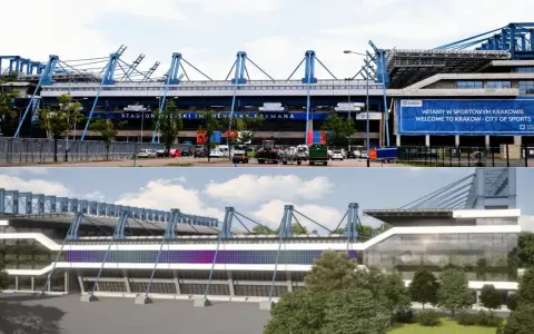 Stary stadion Wisły Kraków, obecnie nowoczesny obiekt sportowy. Górne zdjęcie pokazuje obecny wygląd, dolne wizualizację.