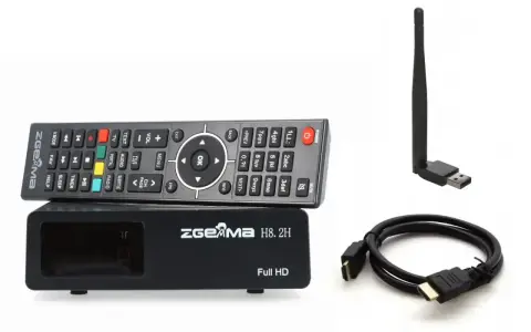 Zestaw do telewizji satelitarnej: dekoder, pilot, kabel HDMI i antena Wi-Fi.