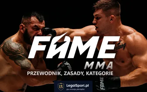 Dwóch zawodników w akcji podczas walki FAME MMA. Na pierwszym planie logo FAME MMA i tekst "Przewodnik, zasady, kategorie".