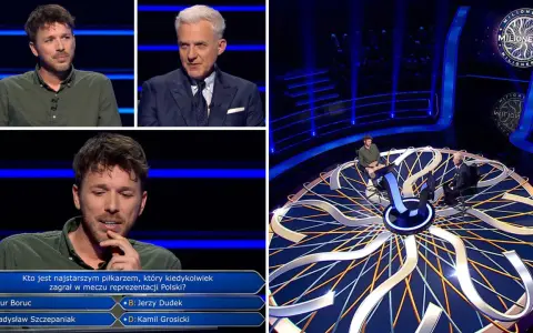 Byli piłkarze reprezentacji Polski w teleturnieju "Milionerzy". Na ekranie pytanie o najstarszego zawodnika kadry.