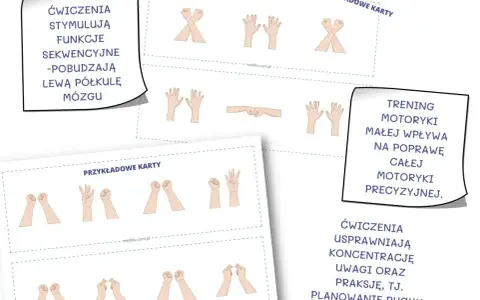 Ćwiczenia usprawniające motorykę małą i precyzję, wspierające trening motoryczny dla dzieci. Karty z sekwencjami ruchów dłoni.