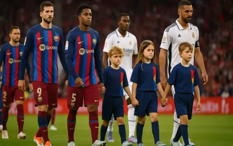 Dzieci wyprowadzają piłkarzy na boisko. Mali kibice towarzyszą zawodnikom FC Barcelony i Realu Madryt, tworząc wyjątkową atmosferę przed meczem.
