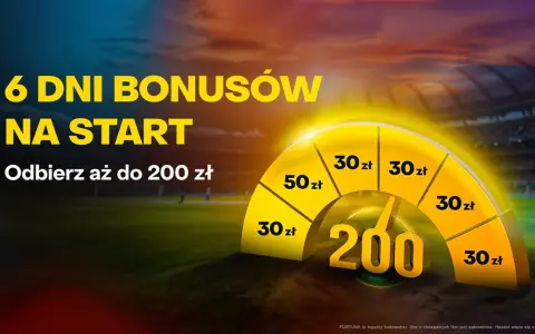 6 dni bonusów na start, odbierz do 200 zł. Dowiedz się, jak zacząć obstawiać mecze i zgarnij bonusy!